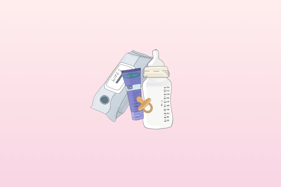 Illustration of bottle, dummy, wipes and nipple cream