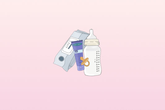 Illustration of bottle, dummy, wipes and nipple cream