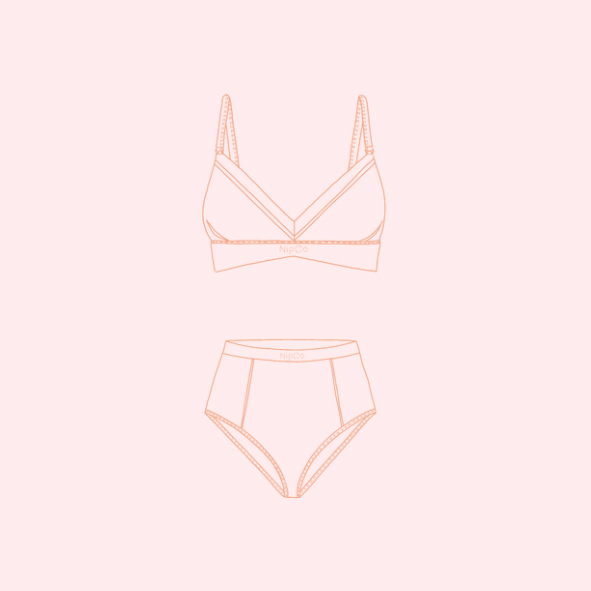 Illustration of NipCo Maternity bra and High Waisted Underwear on soft pink background