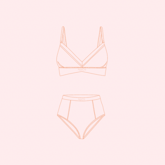 Illustration of NipCo Maternity bra and High Waisted Underwear on soft pink background